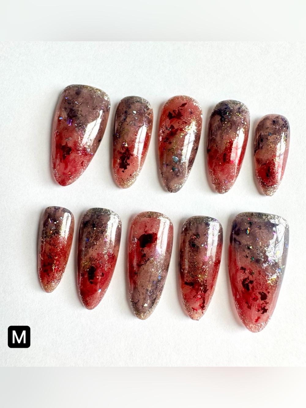 Red and Silver Glitter Flake Press-On Nails
